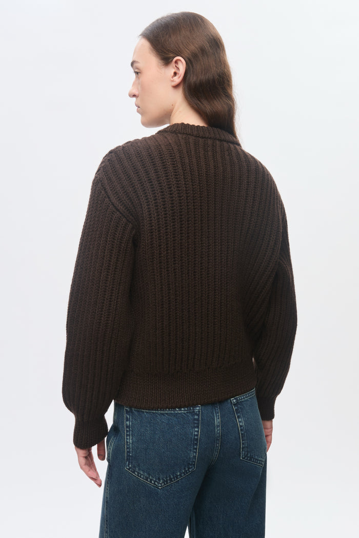 Women's Chunky Wool Crewneck Sweater in Coffee Bean