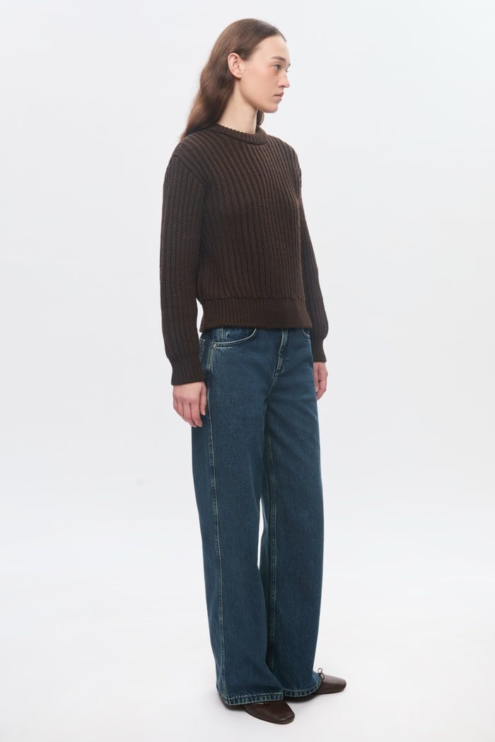 Women's Chunky Wool Crewneck Sweater in Coffee Bean