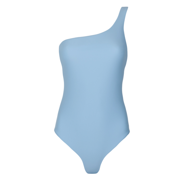 women's dusk blue and cream reversible one shoulder one piece