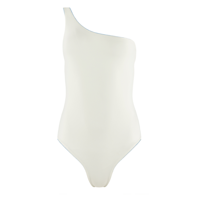 women's dusk blue and cream reversible one shoulder one piece