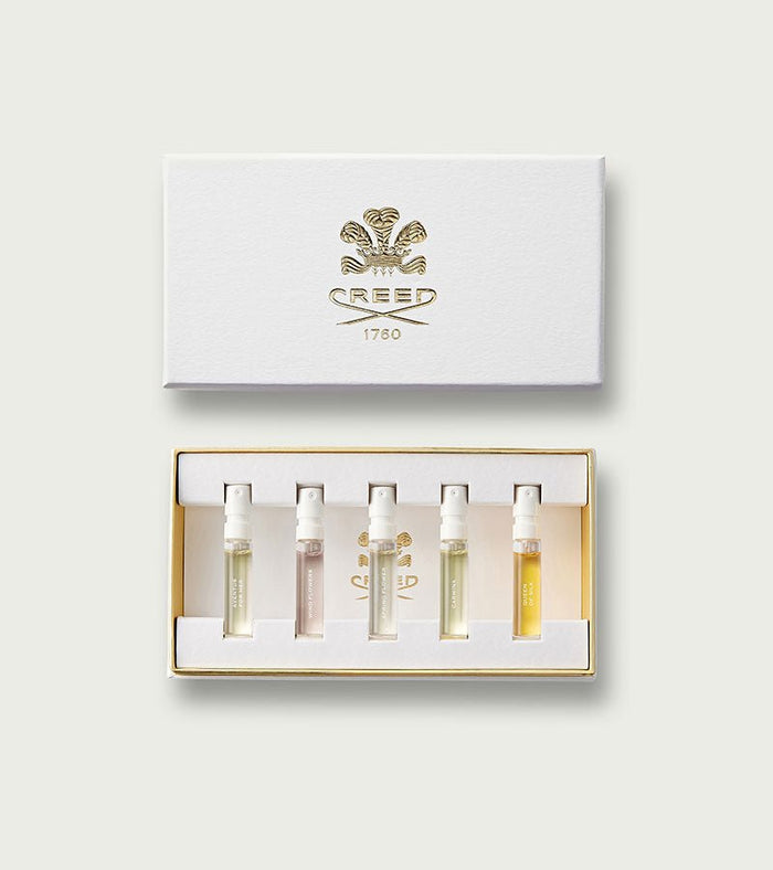 Women's Inspiration Sample Set, white gold gift box with 5 perfume vials - Flat Lay | Creed Fragrances