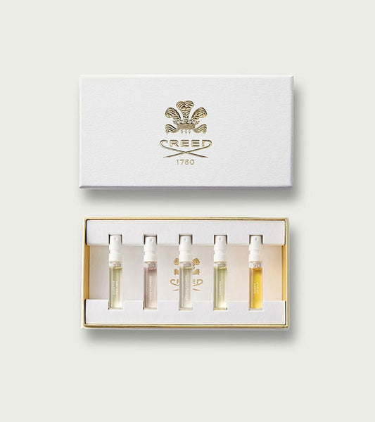 Women's Inspiration Sample Set, white gold gift box with 5 perfume vials - Flat Lay | Creed Fragrances