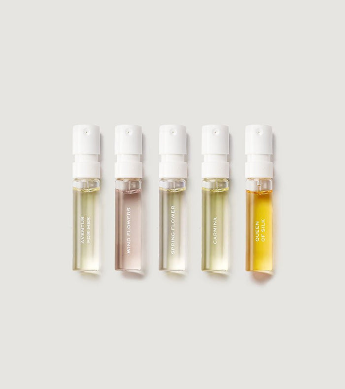 Five women's perfume sample vials: Aventus For Her, Wind Flowers, Spring Flower, Carmina, Queen of Silk | Creed Fragrances
