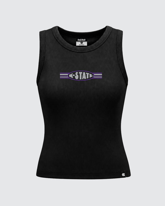 Women's K-State Oval & Stripes Black Ribbed Crop Tank Top