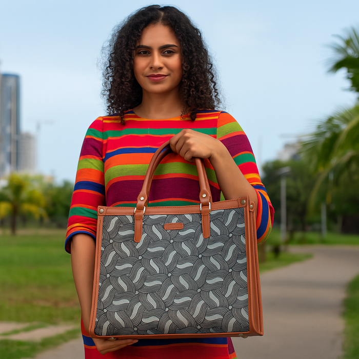 Handcrafted olive green printed canvas top‑handle laptop tote bag with padded laptop compartment and shoulder strap for work, travel and everyday use-model image