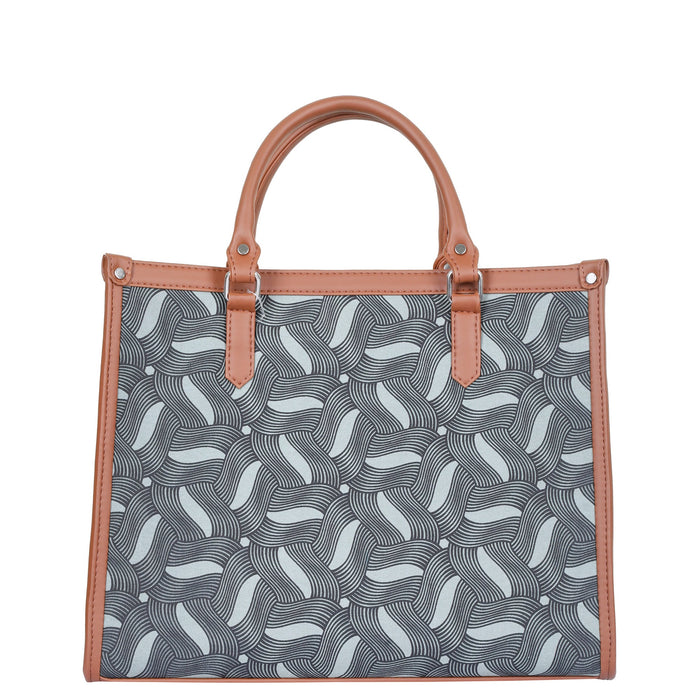 Handcrafted olive green printed canvas top‑handle laptop tote bag with padded laptop compartment and shoulder strap for work, travel and everyday use-back view