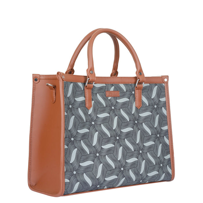 Handcrafted olive green printed canvas top‑handle laptop tote bag with padded laptop compartment and shoulder strap for work, travel and everyday use-half side view