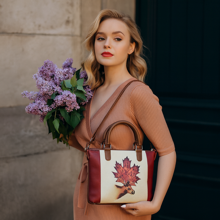 Women's handpainted maple leaf top handle shoulder handbag and crossbody bag for work, travel, and everyday use-model image
