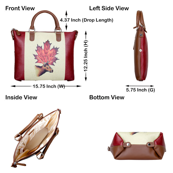 Women's handpainted maple leaf top handle shoulder handbag and crossbody bag for work, travel, and everyday use-infographic image