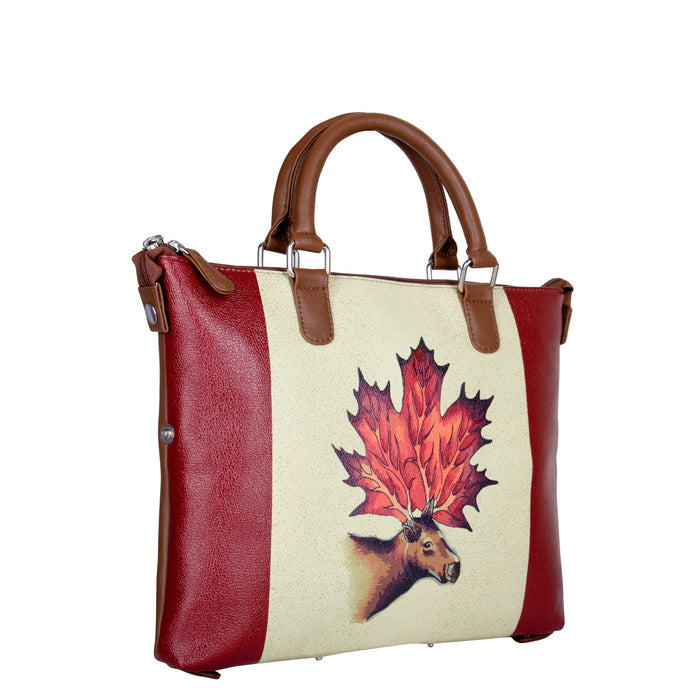 Women's handpainted maple leaf top handle shoulder handbag and crossbody bag for work, travel, and everyday use-hlaf side view